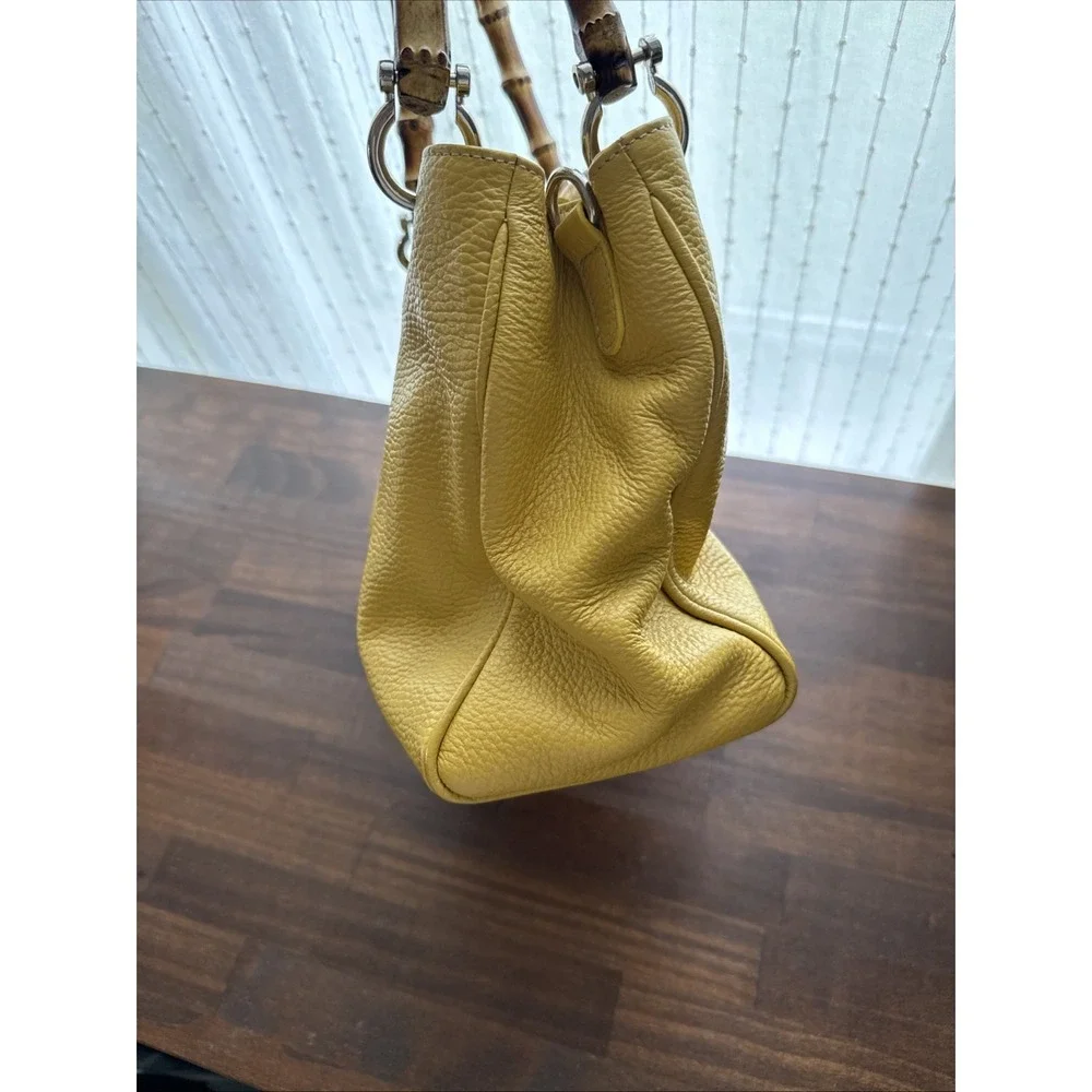 Una Alla Volta Italy Yellow Pebbled Leather Bamboo Handles Handbag Purse